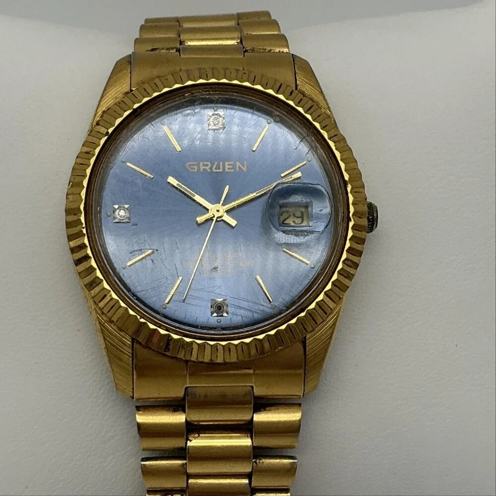 Vintage Gruen 219-2115 Mens Watch 35mm Blue Dial Gold Tone New Battery 7.5